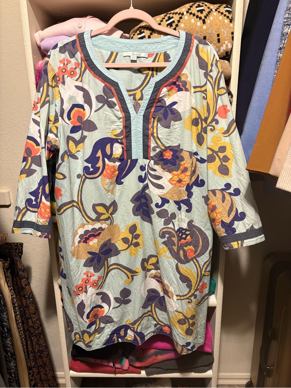 Boden Mint Floral Tunic Dress with Navy & Mustard Accents